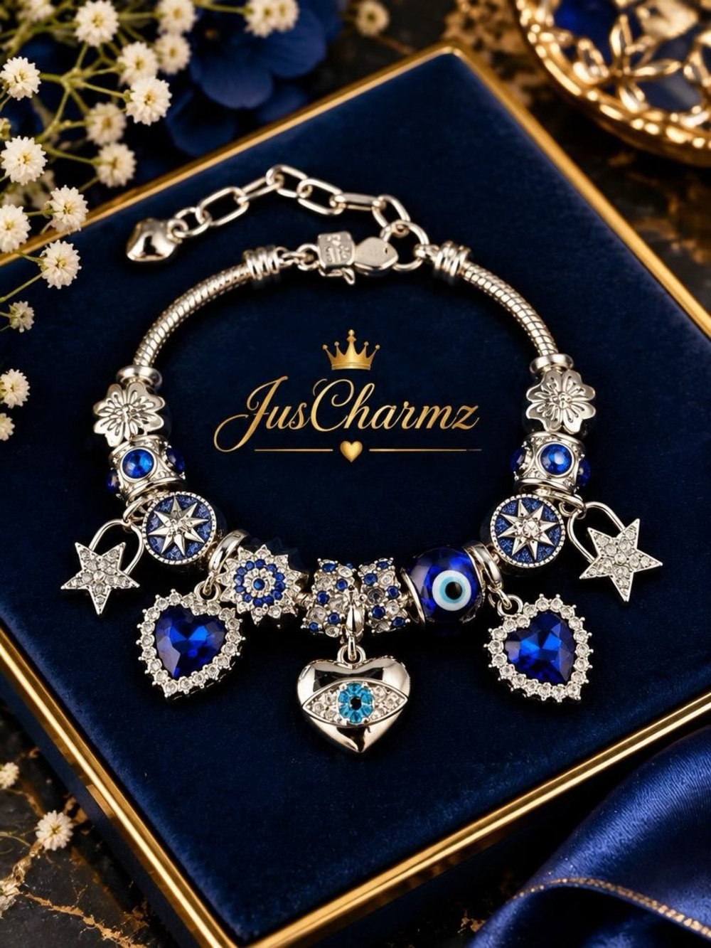 ✨ Mystic Sapphire Blue Evil Eye & Celestial Charm Bracelet ✨